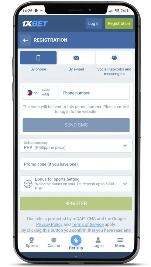 Registering an account 1xbet